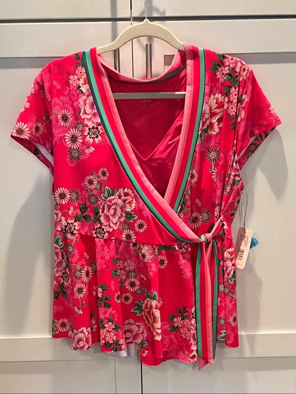 Johnny Was Belrose Wrap Tankini Swim Pink Floral Wrap Tunic with Green Trim
